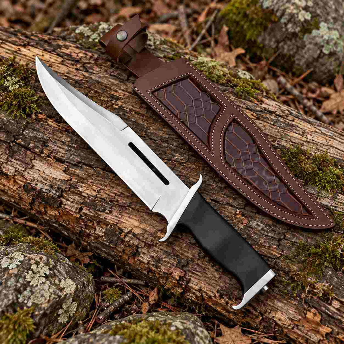 Handmade Large Bowie Knife with Black Handle and Leather Sheath