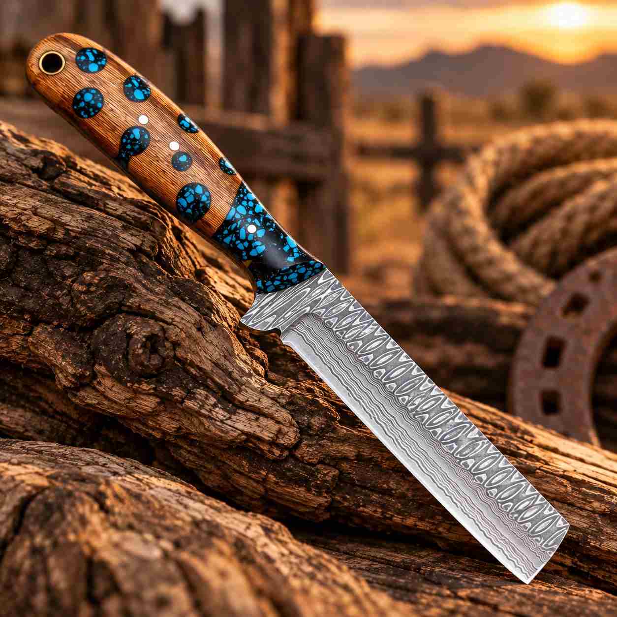 Handmade Damascus Bull Cutter with Blue Resin & Natural Wood Handle