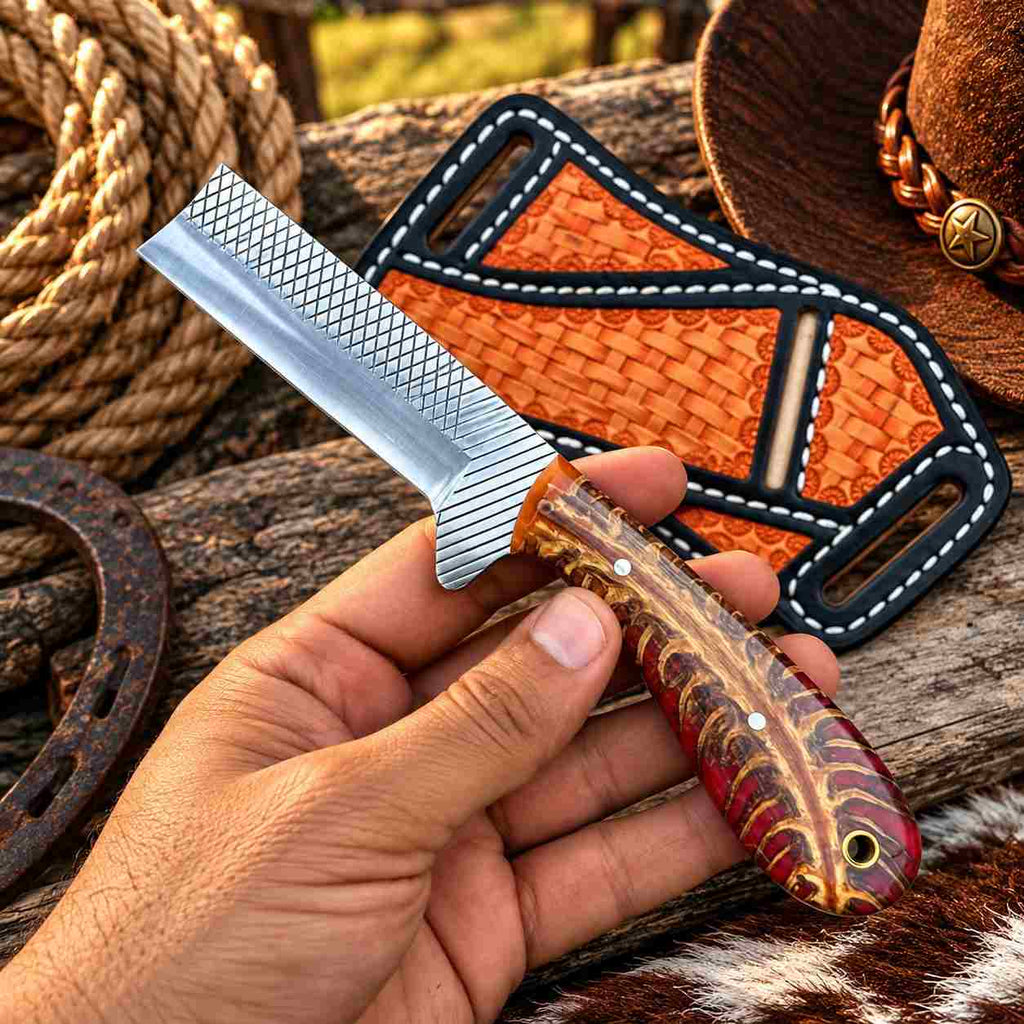 Handmade Horse Rasp Stainless Steel Cowboy Skinner Knife with Blue and Tan Resin Pinecone Handle & Floral Leather Sheath – SH-DS/074