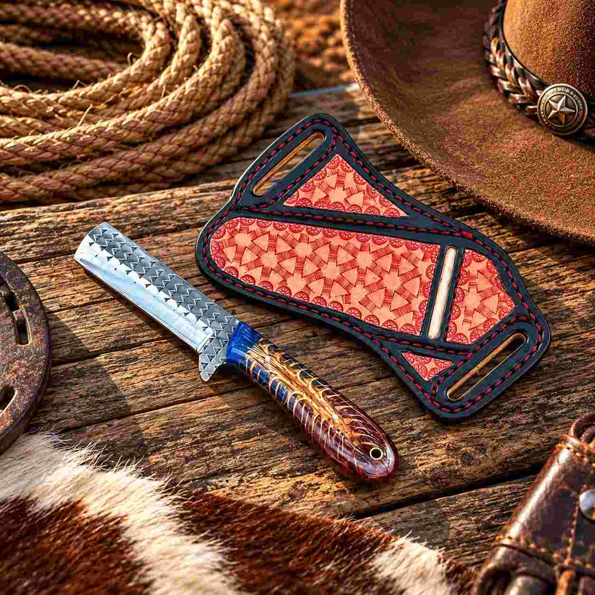 Custom Handmade Horse Rasp Stainless Steel 3.5-Inch Western Bull Cutter with Resin Pinecone Handle & Leather Sheath