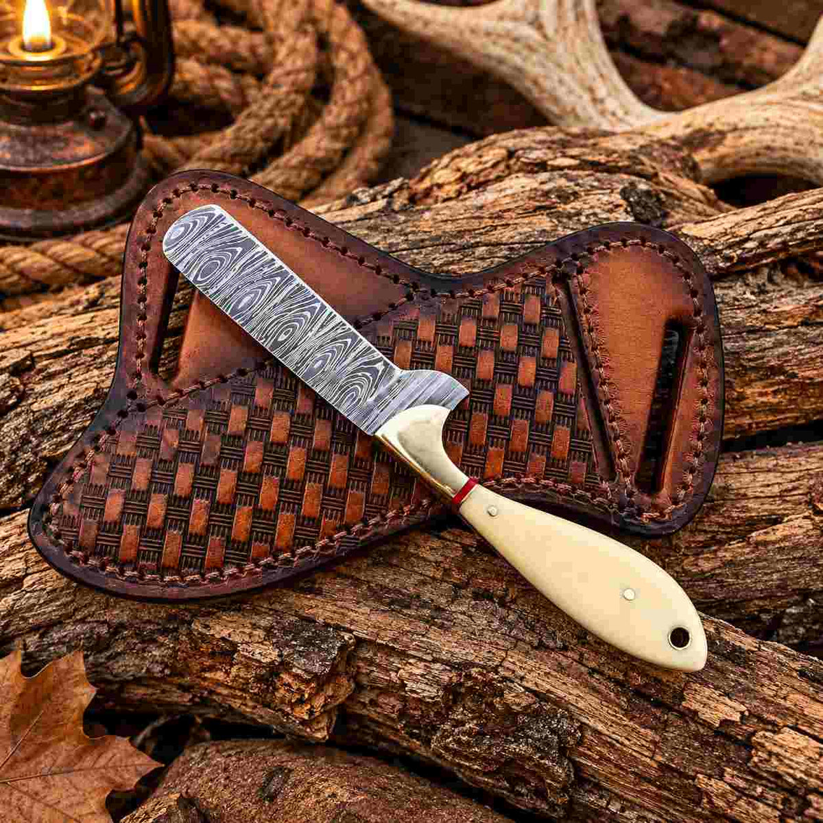 Handmade Damascus Bull Cutter Knife with Camel Bone Handle & Western Leather Sheath