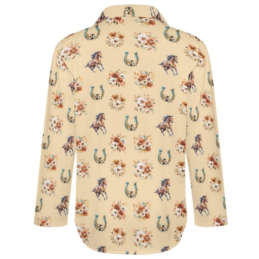 Baha Ranch Floral Horse Country Girl Long Sleeve Blouse