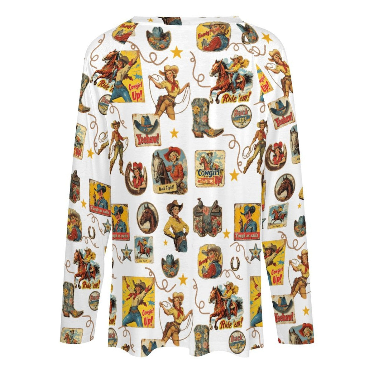 Baha Ranch Vintage Cowgirl Collage Western Print Long Sleeve Top