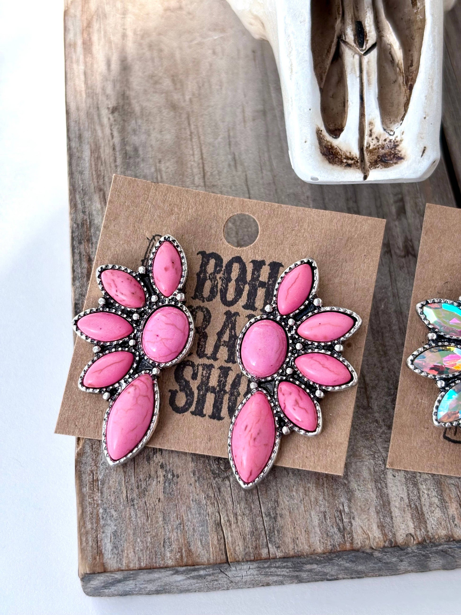 Western Style Squash Blossom Stone Stud Earrings