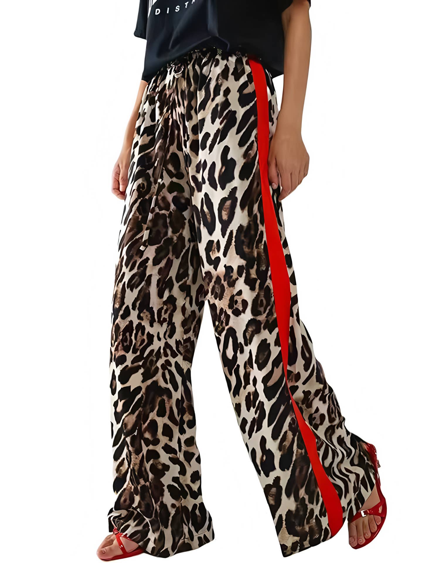 Leopard Print Colorblock Side Striped Wide Leg Pants