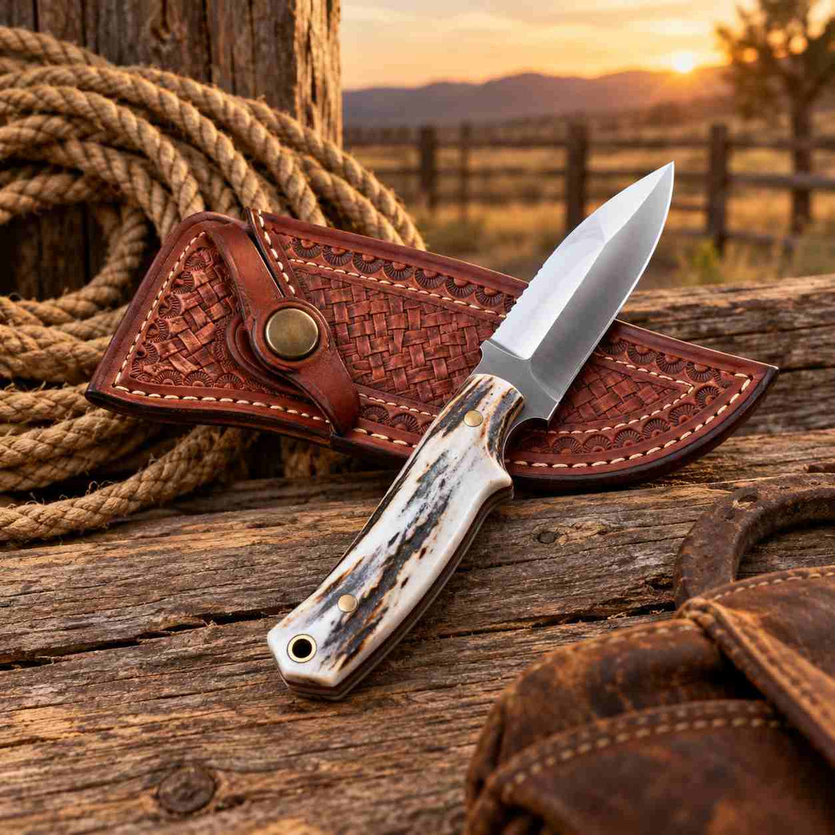 Handmade Horse Rasp Cowboy Skinner Knife with Stone Handle, Steel Bolster & Cross-Draw Leather Sheath