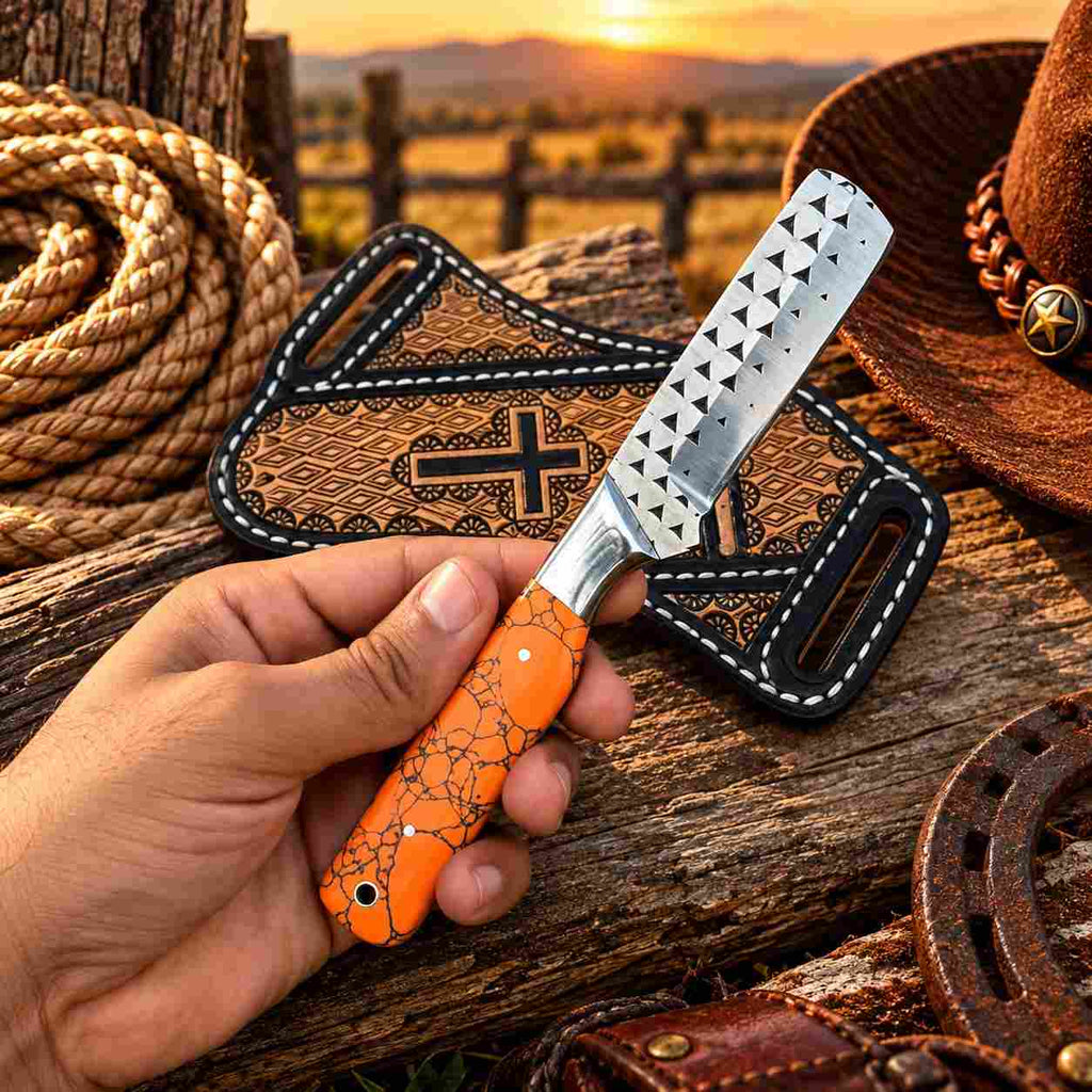 Handmade Horse Rasp Stainless Steel Cowboy Bull Cutter Knife with Colorful Resin-Pinecone Handle & Orange Patterned Leather Sheath – SH-DS/065