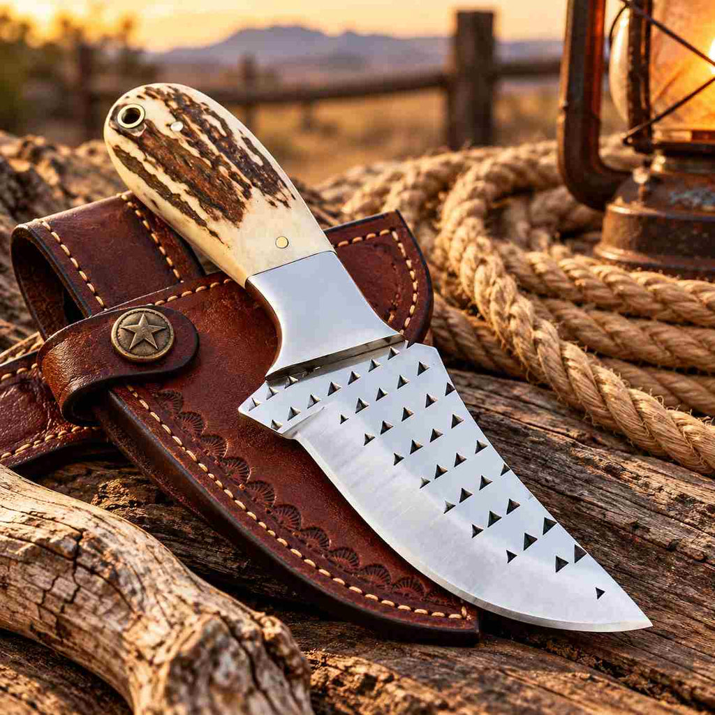 Handmade Damascus Bull Cutter Knife with Camel Bone Handle & Western Leather Sheath