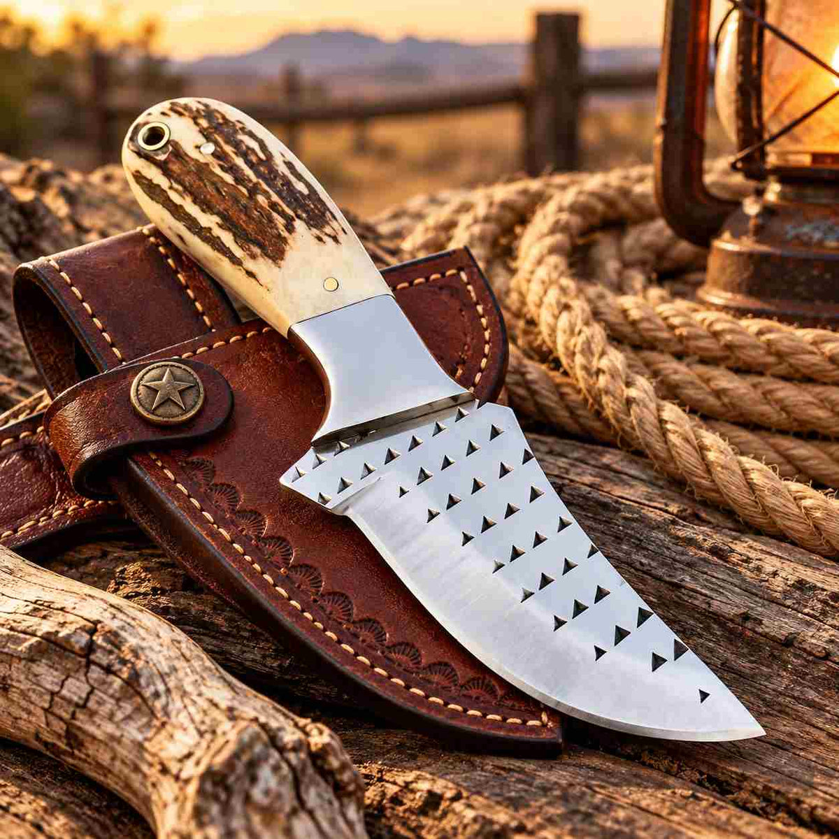 Handmade Damascus Bull Cutter Knife with Camel Bone Handle & Western Leather Sheath