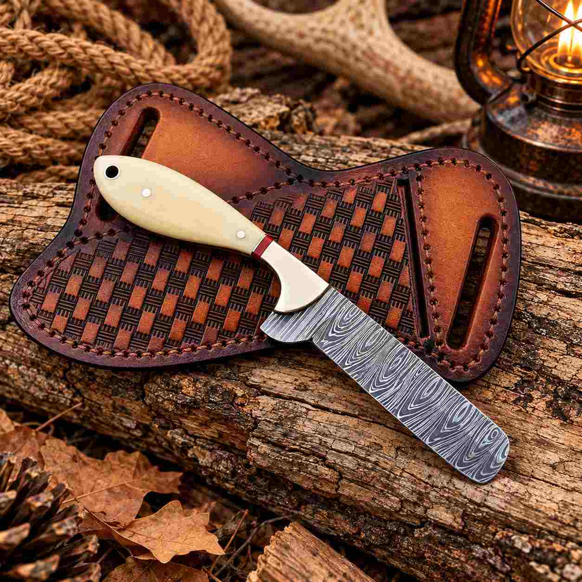 Handmade Damascus Bull Cutter Knife with Camel Bone Handle & Western Leather Sheath