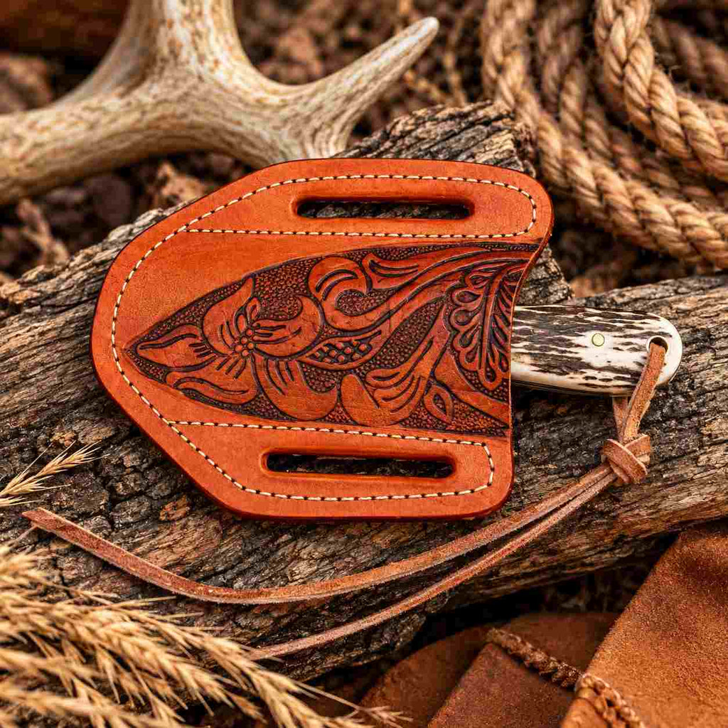 Small Handmade Damascus Cowboy Knife with Antler Handle, Copper Inlay & Cross-Draw Leather Sheath