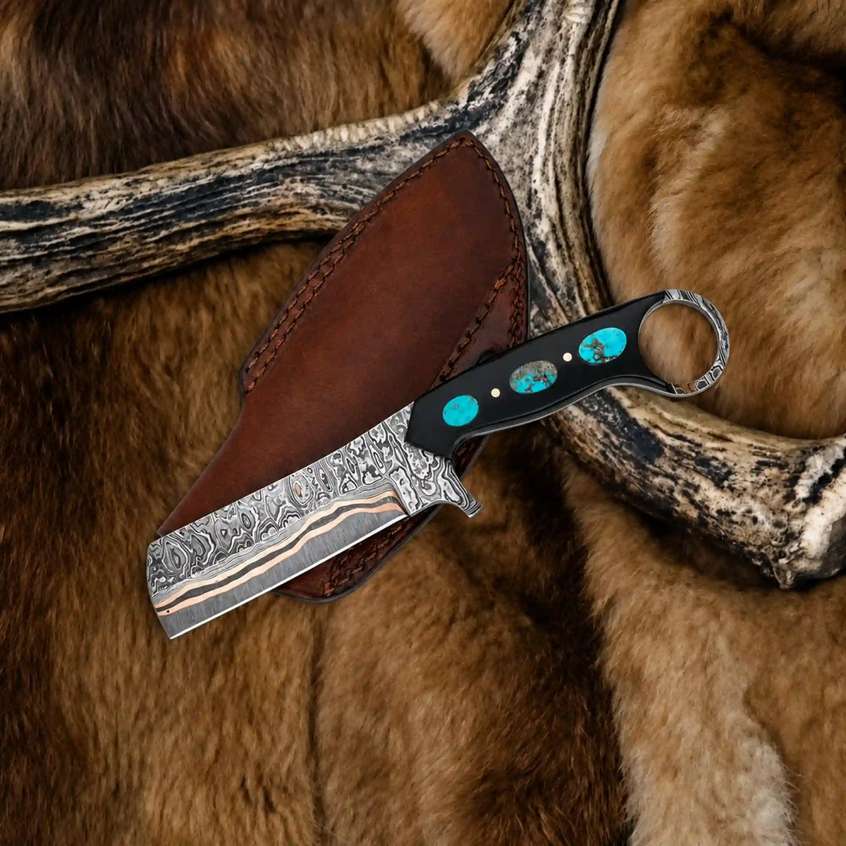 Bull Cutter Knife | Copper Damascus with Turquoise and Ring Pommel