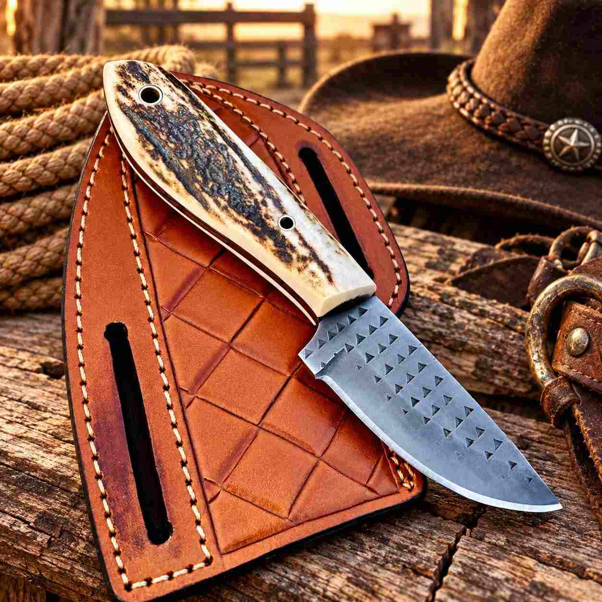 Handmade Rasp Steel Cowboy Skinner Knife with Natural Antler Handle & Western Leather Belt Sheath