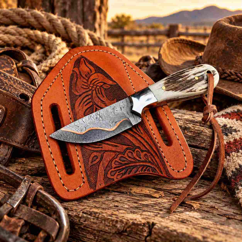 Small Handmade Damascus Cowboy Knife with Antler Handle, Copper Inlay & Cross-Draw Leather Sheath