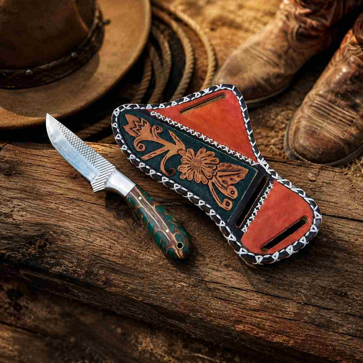 Handmade Horse Rasp Steel Western Cowboy Skinner Knife with Leather Sheath