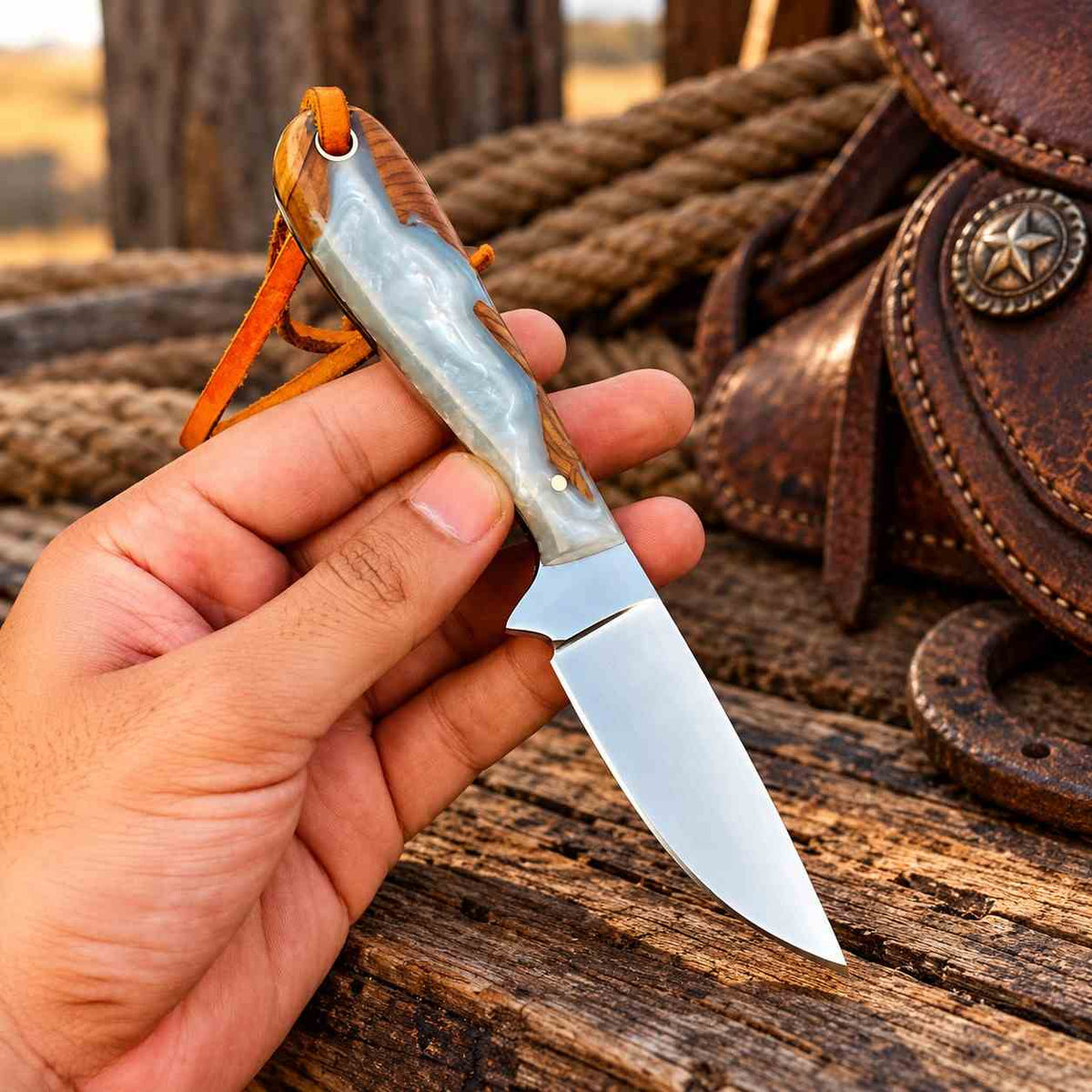 Handmade D2 Cowboy Belt Knife with Epoxy Resin Handle & Western Leather Sheath