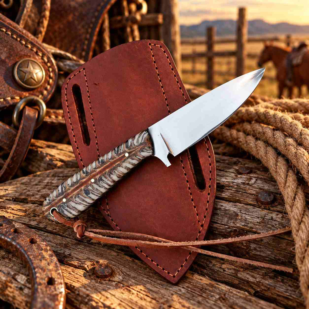Handmade D2 Cowboy Knife with Mirror Finish Blade, White Pinecone Handle & Western Pancake Leather Sheath