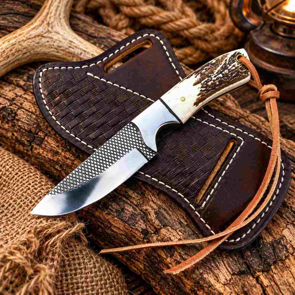 Handmade Rasp Steel Cowboy Knife with Elk Antler Handle, Stainless Bolsters & Western Leather Sheath
