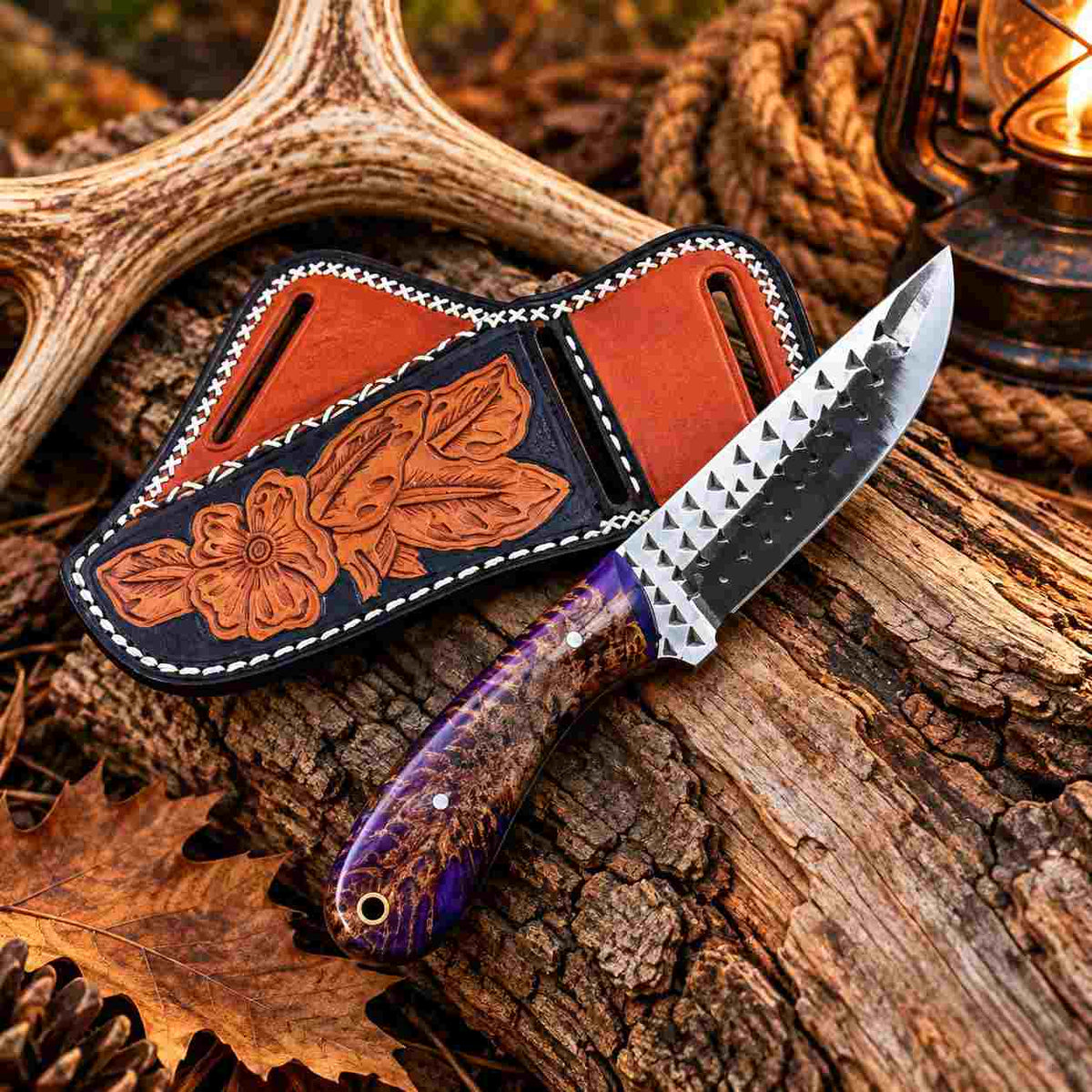 Handmade Horse Rasp Cowboy Skinner Knife with Pinecone Resin Handle & Cross-Draw Leather Sheath