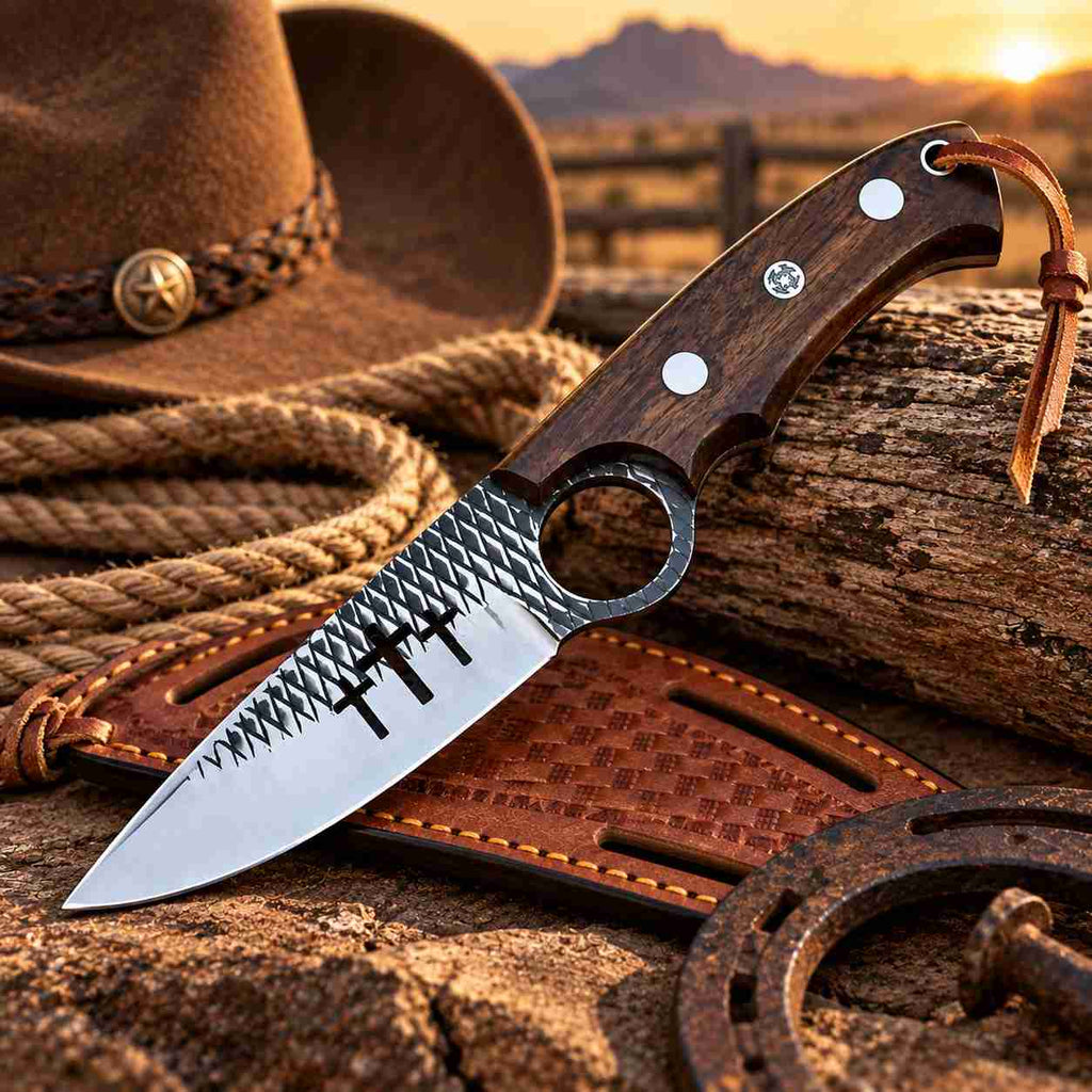 4-Inch Rasp File Steel Knife with Cross Wirecut Blade, Rosewood Handle & Leather Sheath
