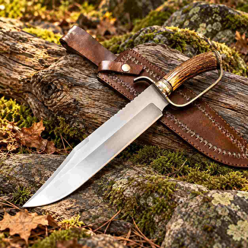 Custom D-Guard D2 Bowie Knife with Stag Antler Handle and Leather Sheath