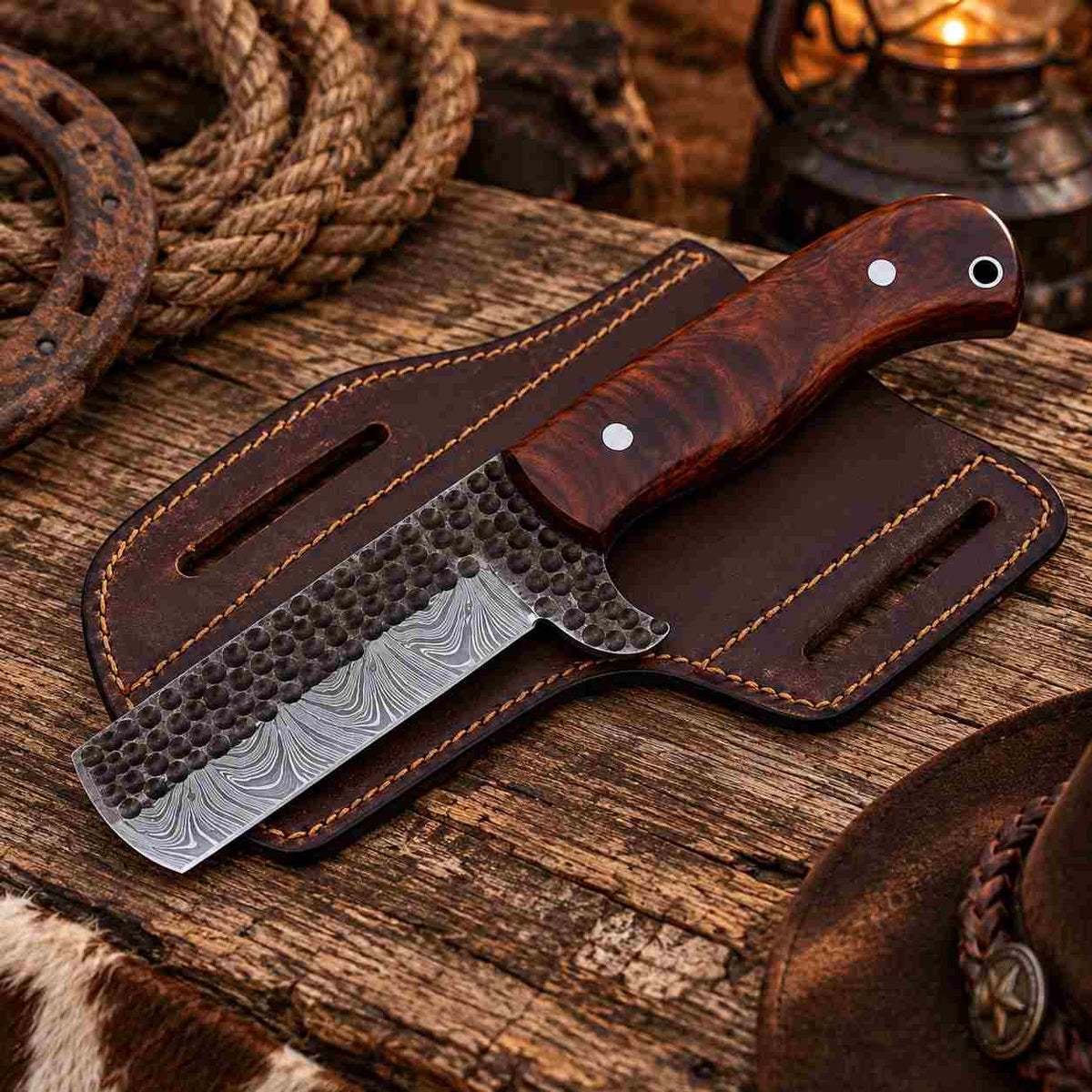 Custom Handmade Damascus Steel Bull Cutter Knife with Leather Sheath