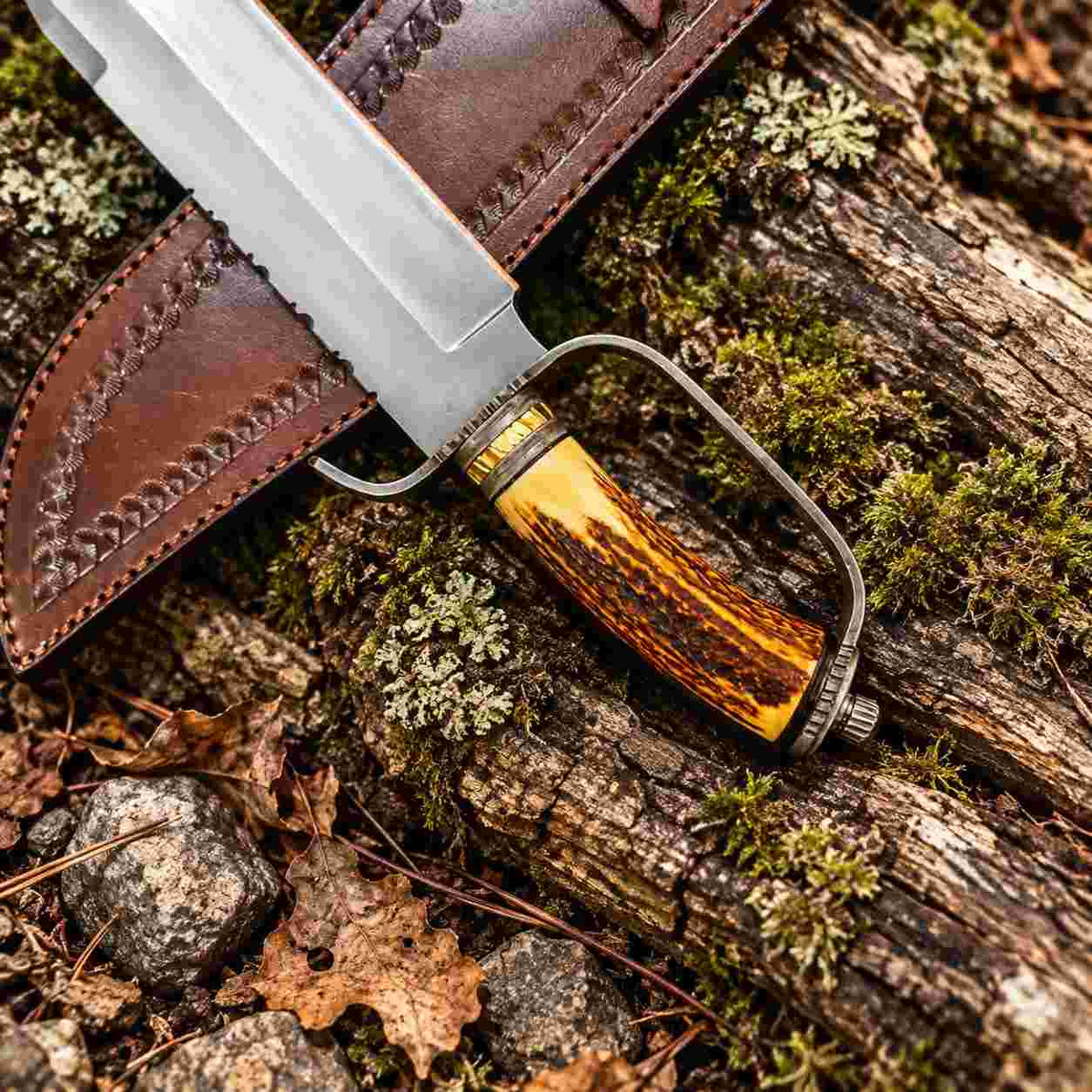 Custom D-Guard D2 Bowie Knife with Stag Antler Handle and Leather Sheath