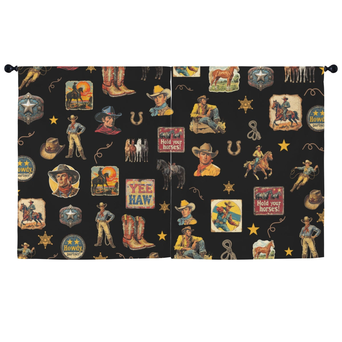 Baha Ranch Vintage Cowboy Collage Western Curtains 52" x 63" Made in America