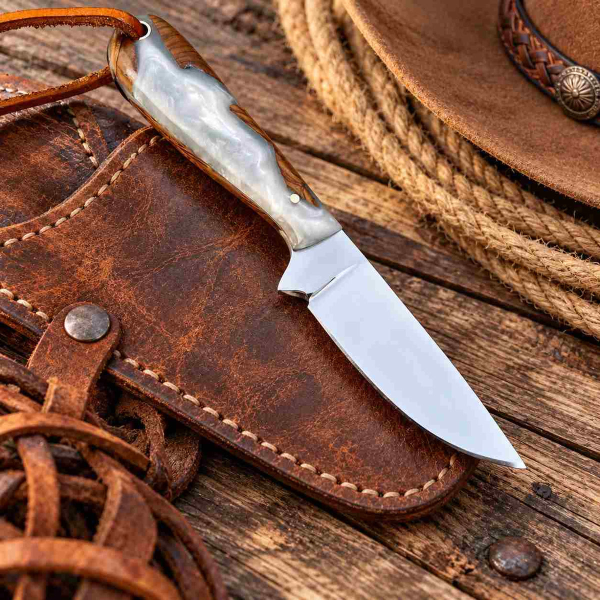 Handmade D2 Cowboy Belt Knife with Epoxy Resin Handle & Western Leather Sheath