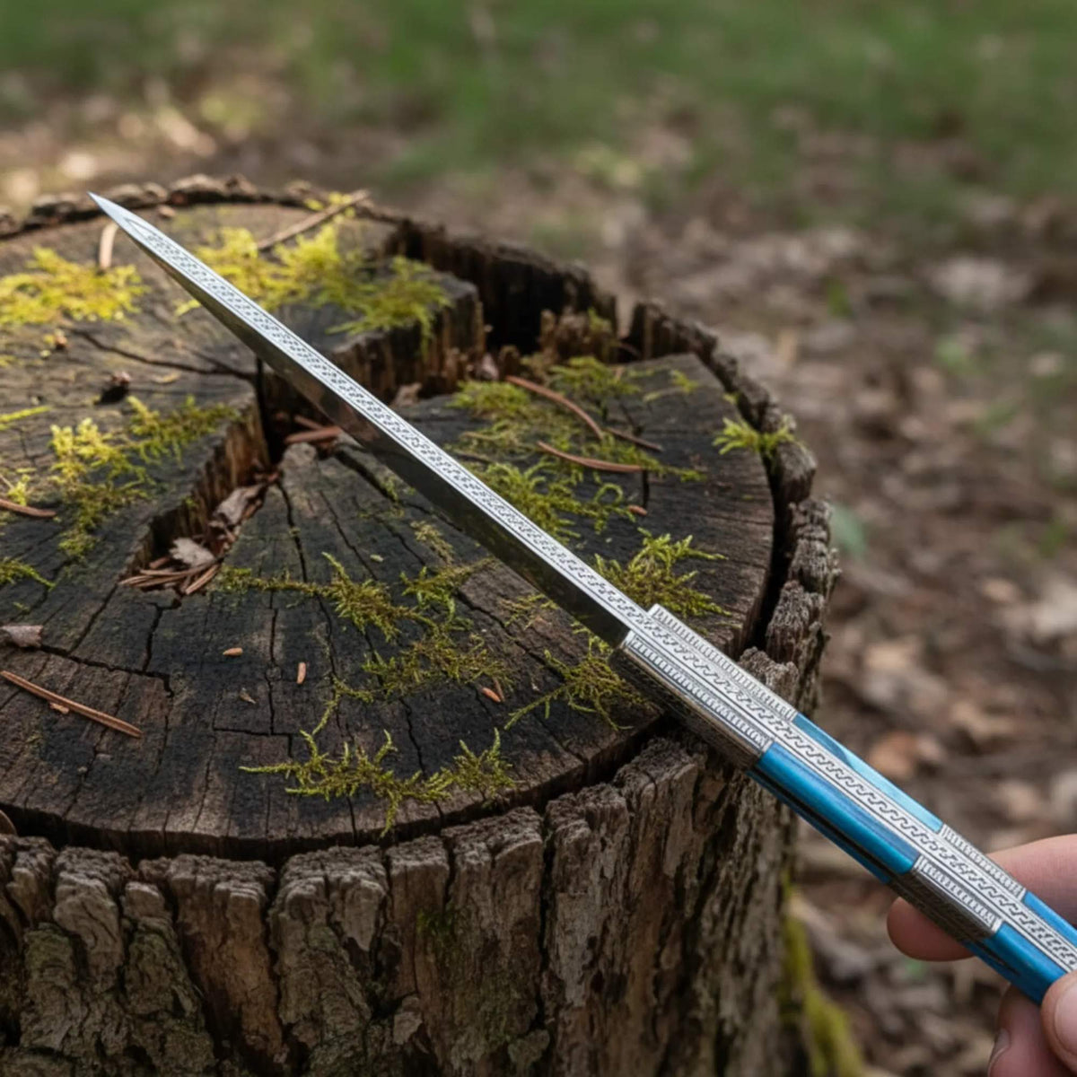 Hand Engraved D2 Hunting Knife Tinted Camel Bone Handle
