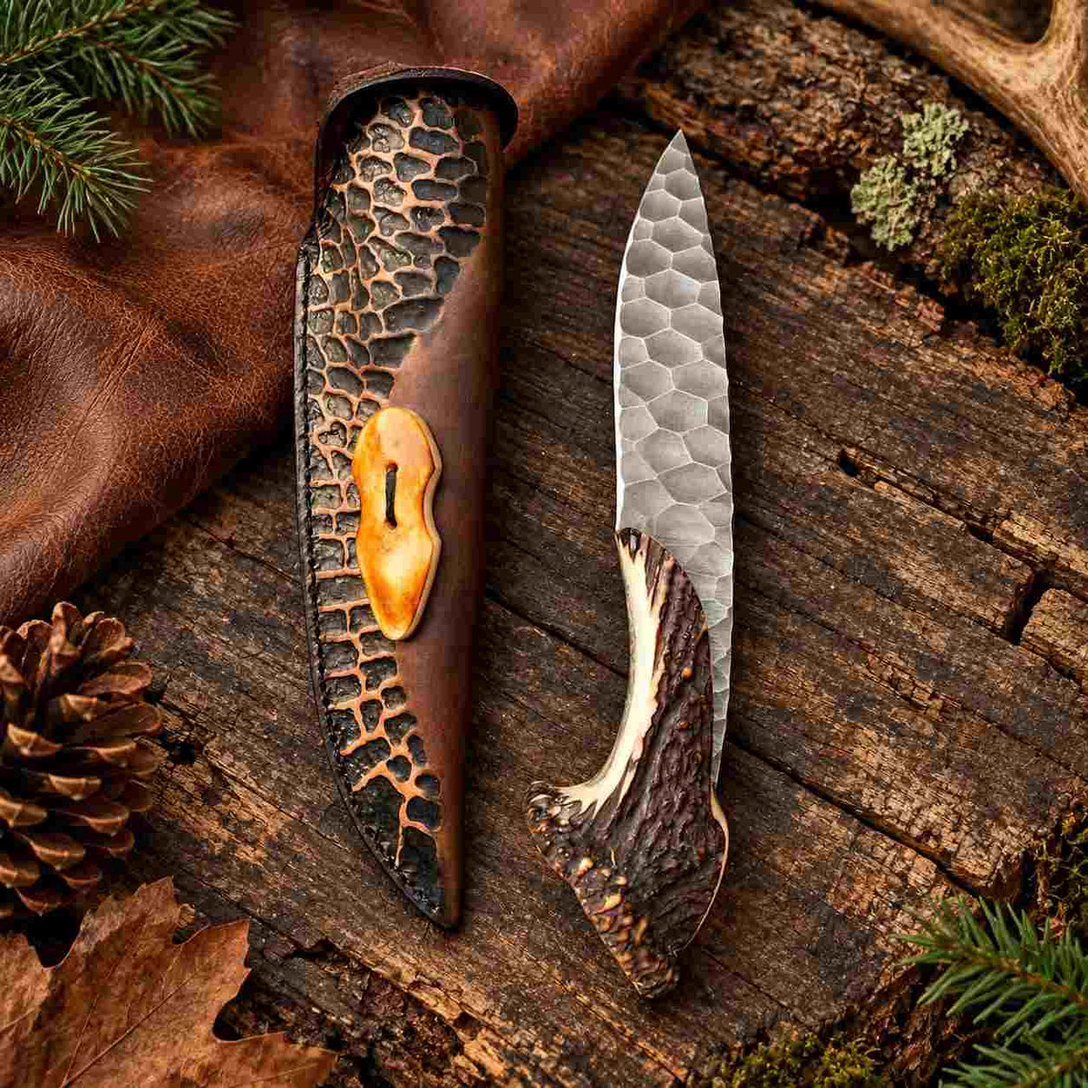 Handmade Hammered D2 Hunting Knife with Stag Antler Handle and Leather Sheath