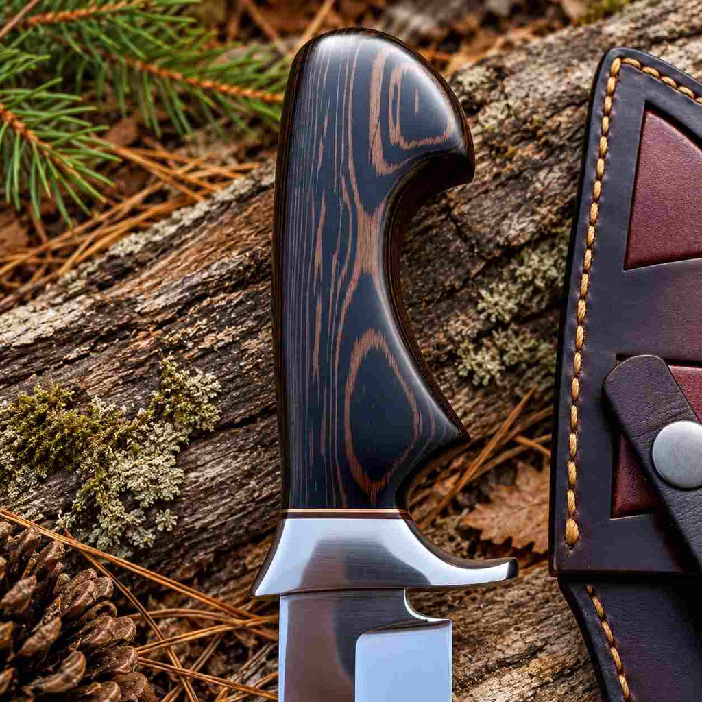 Custom D2 Steel Hunting Knife with Exotic Wood Handle and Leather Sheath