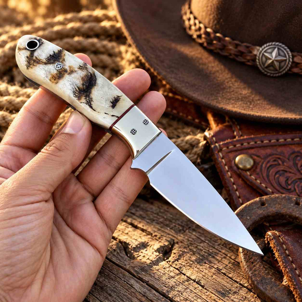 Prairie Rider D2 Cowboy Knife with Natural Sheep Horn Handle, Brass Bolster & Western Leather Sheath