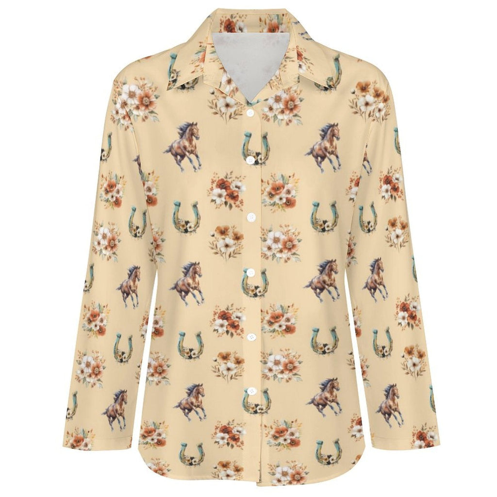 Baha Ranch Floral Horse Country Girl Long Sleeve Blouse