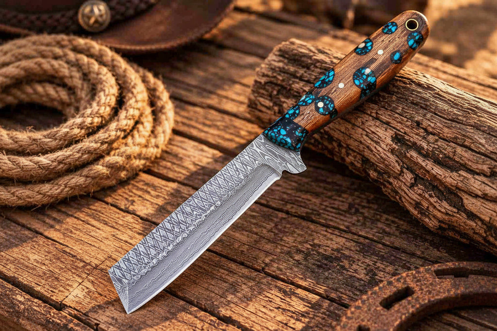 Handmade Damascus Bull Cutter with Blue Resin & Natural Wood Handle