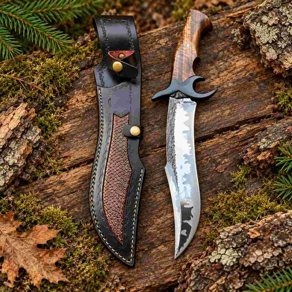 Hand Forged Damascus Hunting Knife with Rosewood Handle and Leather Sheath