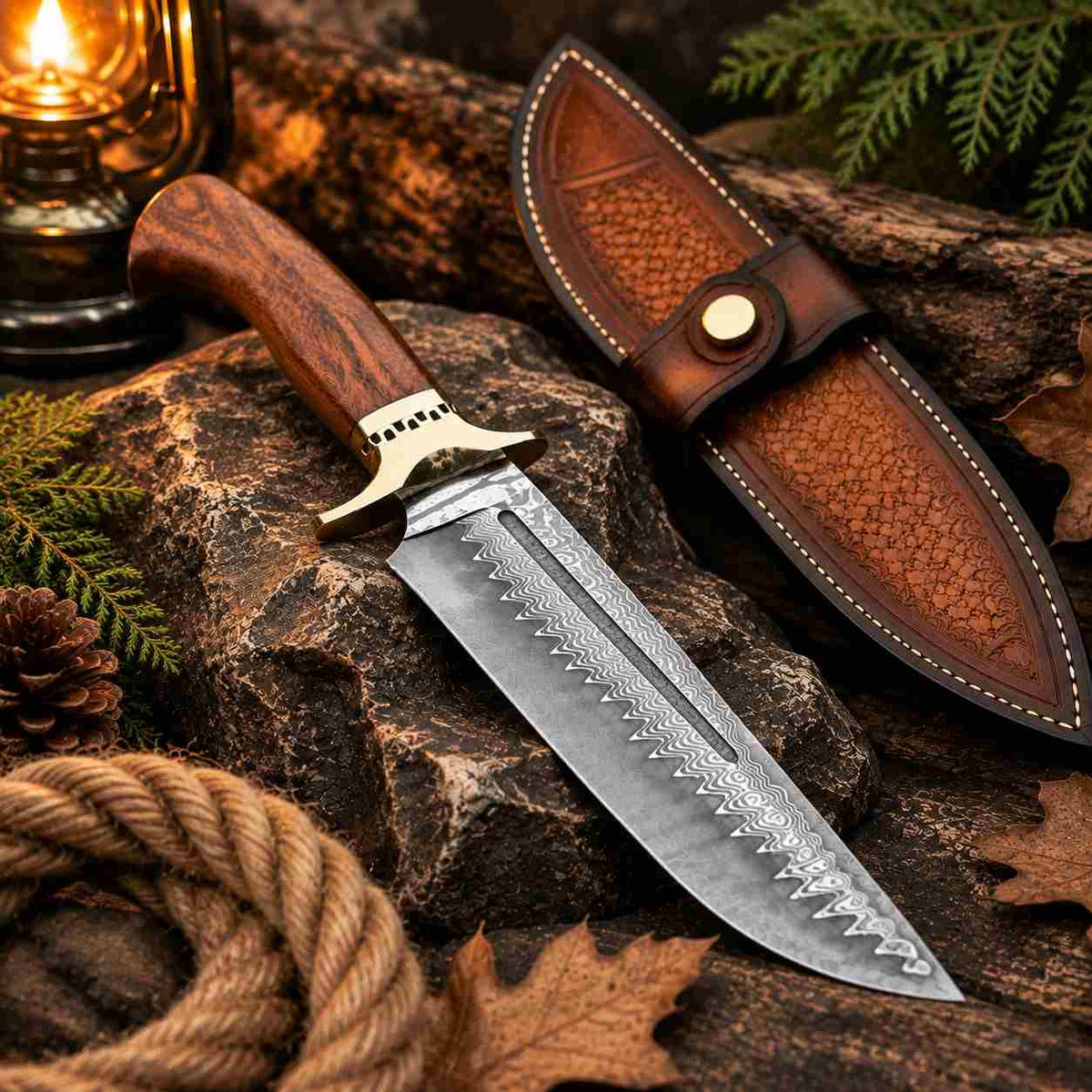 San Mai Damascus Bowie Knife With Rosewood Handle & Leather Sheath