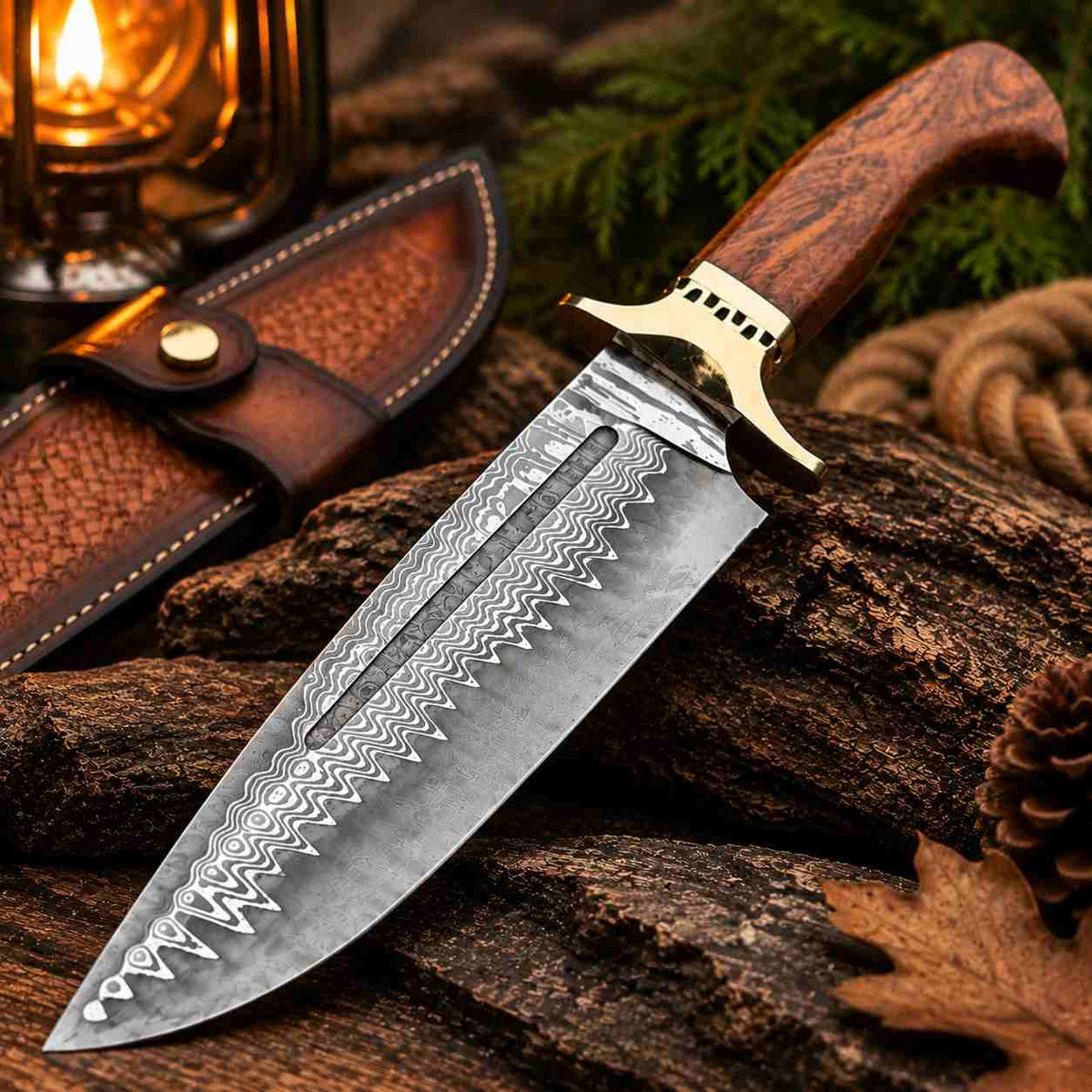 San Mai Damascus Bowie Knife With Rosewood Handle & Leather Sheath