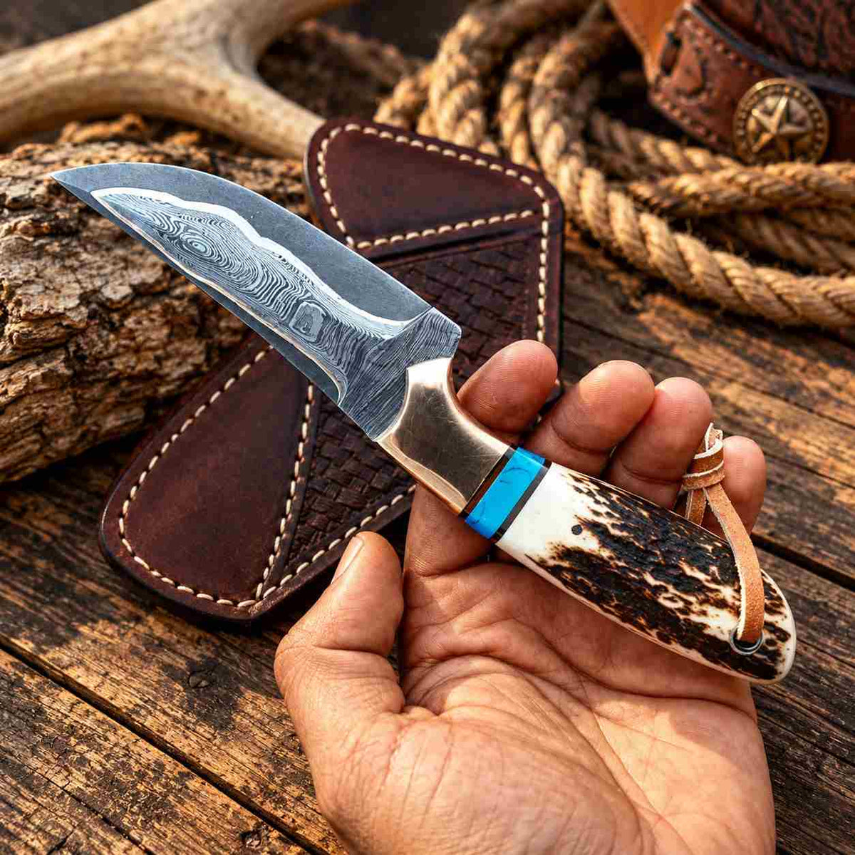 Handmade Copper Damascus Cowboy Knife with Stag Antler, Turquoise Handle & Red Copper Bolsters