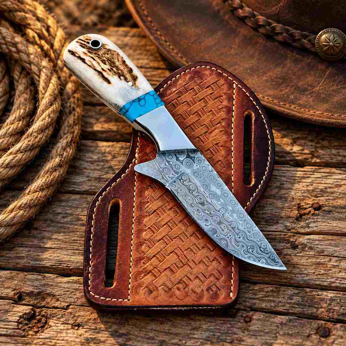Handmade Raindrop Damascus Cowboy Knife with Antler Horn, Turquoise Handle & Leather Sheath