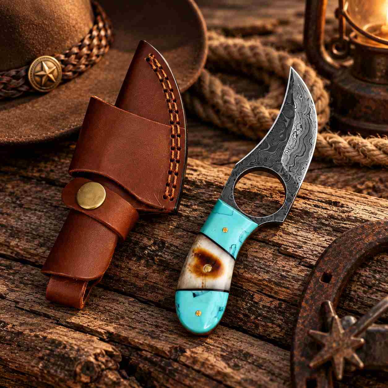 Damascus Skinner Knife with Turquoise Horn Handle, Finger Ring & Leather Sheath