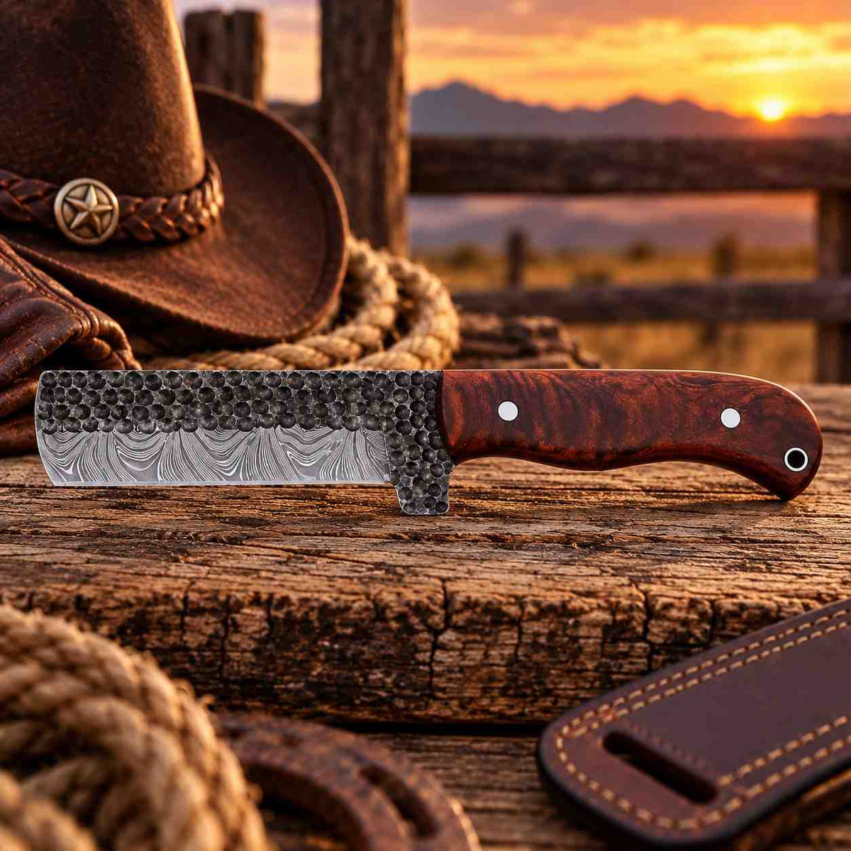 Custom Handmade Damascus Steel Bull Cutter Knife with Leather Sheath