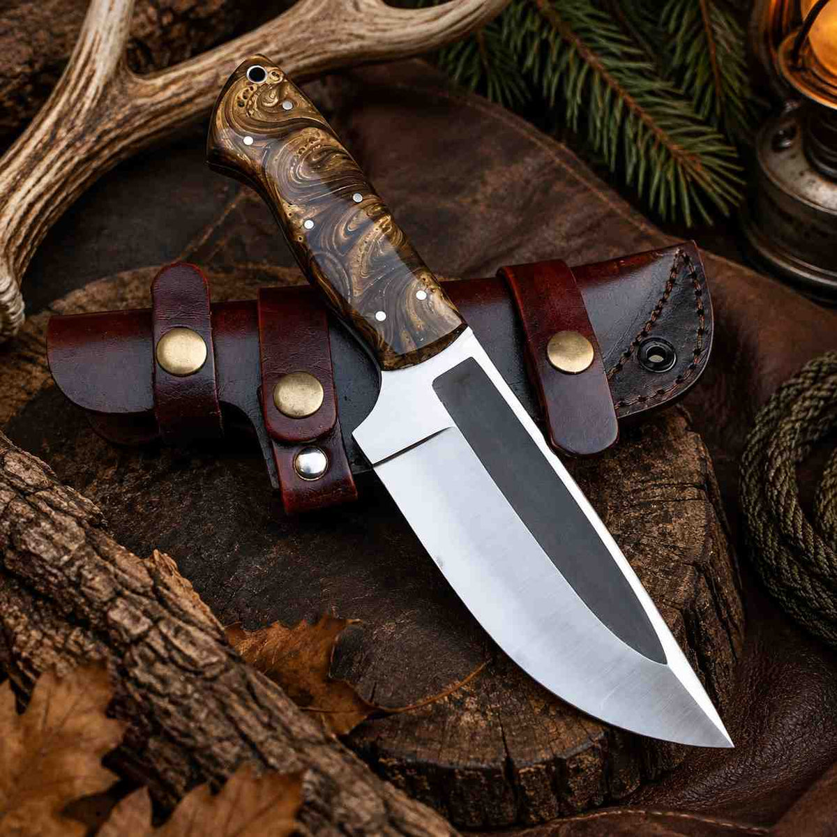 Hand Forged Damascus Hunting Knife – Handmade Fixed Blade Knife With Leather Sheath