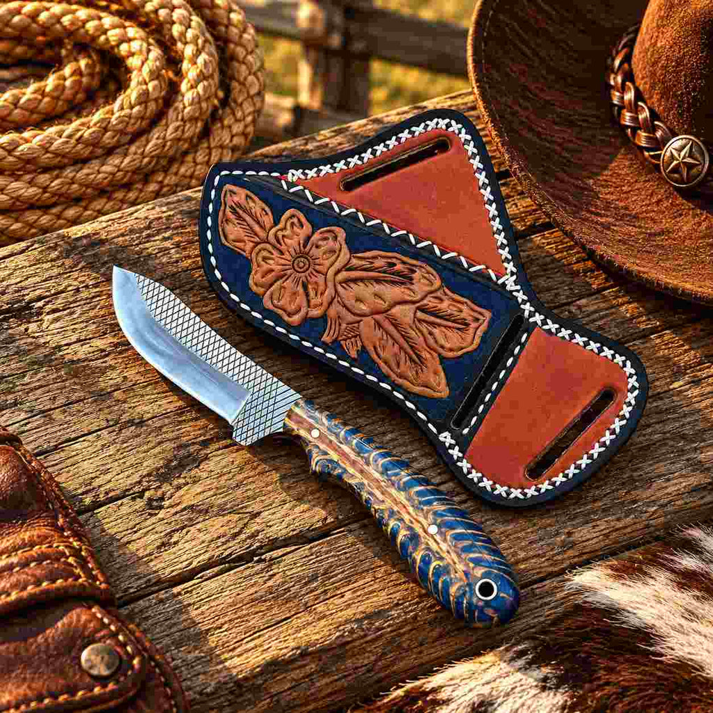 Handmade Horse Rasp Stainless Steel Cowboy Skinner Knife with Dark Textured Stone Handle & Decorative Cross-Draw Leather Sheath – SH-059