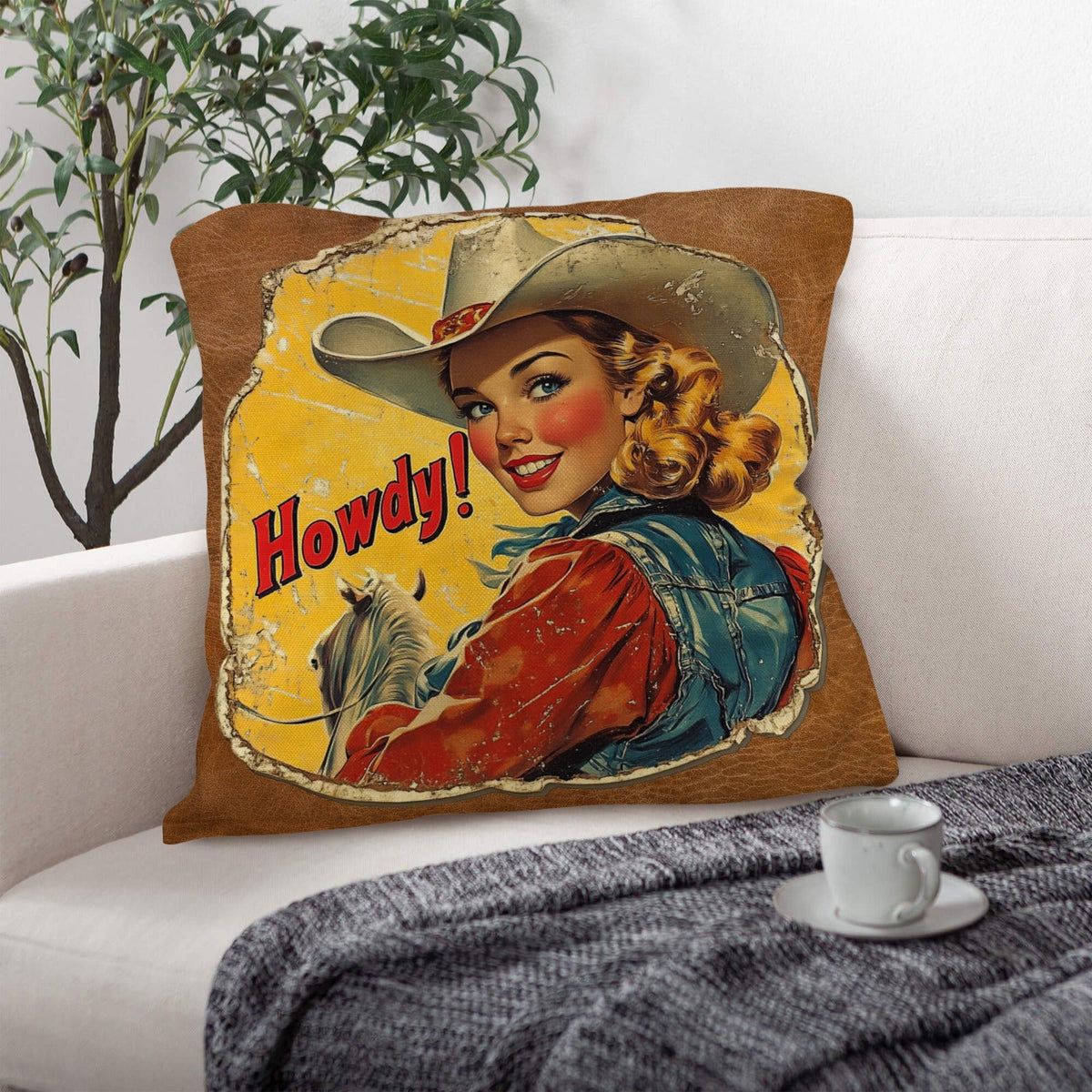 Baha Ranch Vintage Cowgirl Howdy Throw Pillow 18 x 18 Made in America