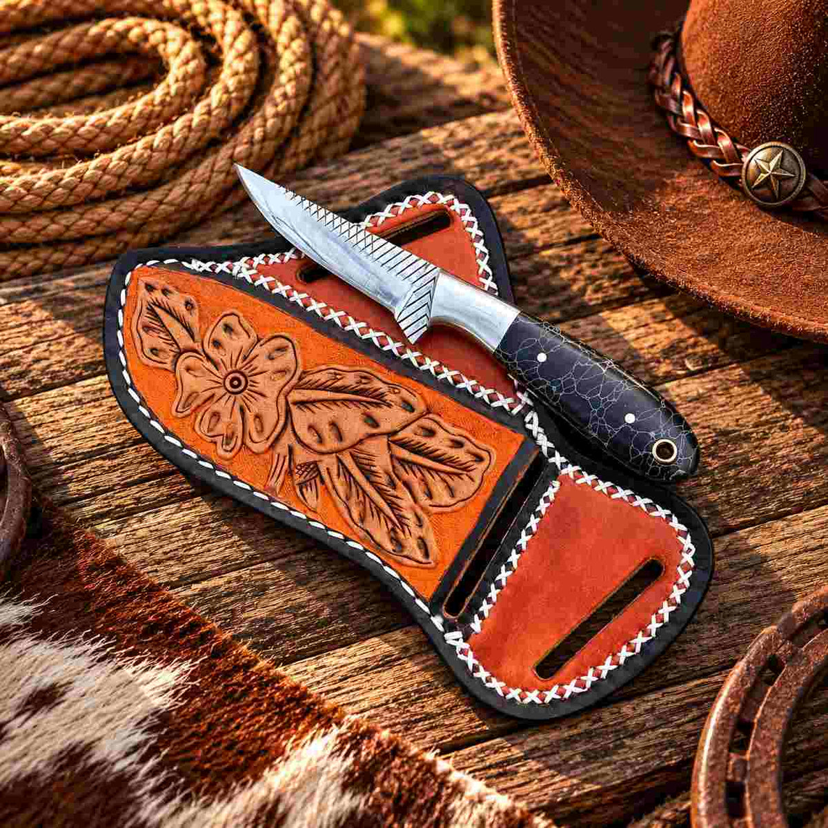 Handmade Horse Rasp Stainless Steel Cowboy Bull Cutter Knife with Turquoise Patterned Handle & Leather Sheath – SH-DS/069