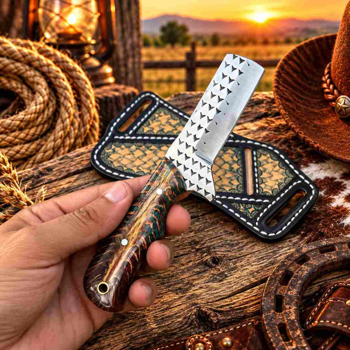 Handmade Horse Rasp Stainless Steel Cowboy Bull Cutter Knife with Orange Patterned Stone Handle & Decorative Leather Sheath – SH-DS/077