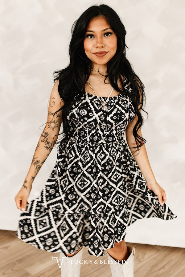Black Ivory Aztec Printed Thick Strap Flutter Dress – Red Road Rae'sd Boutique