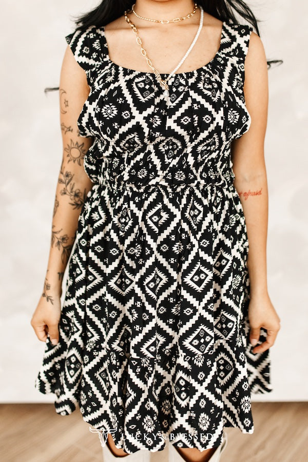 Black Ivory Aztec Printed Thick Strap Flutter Dress