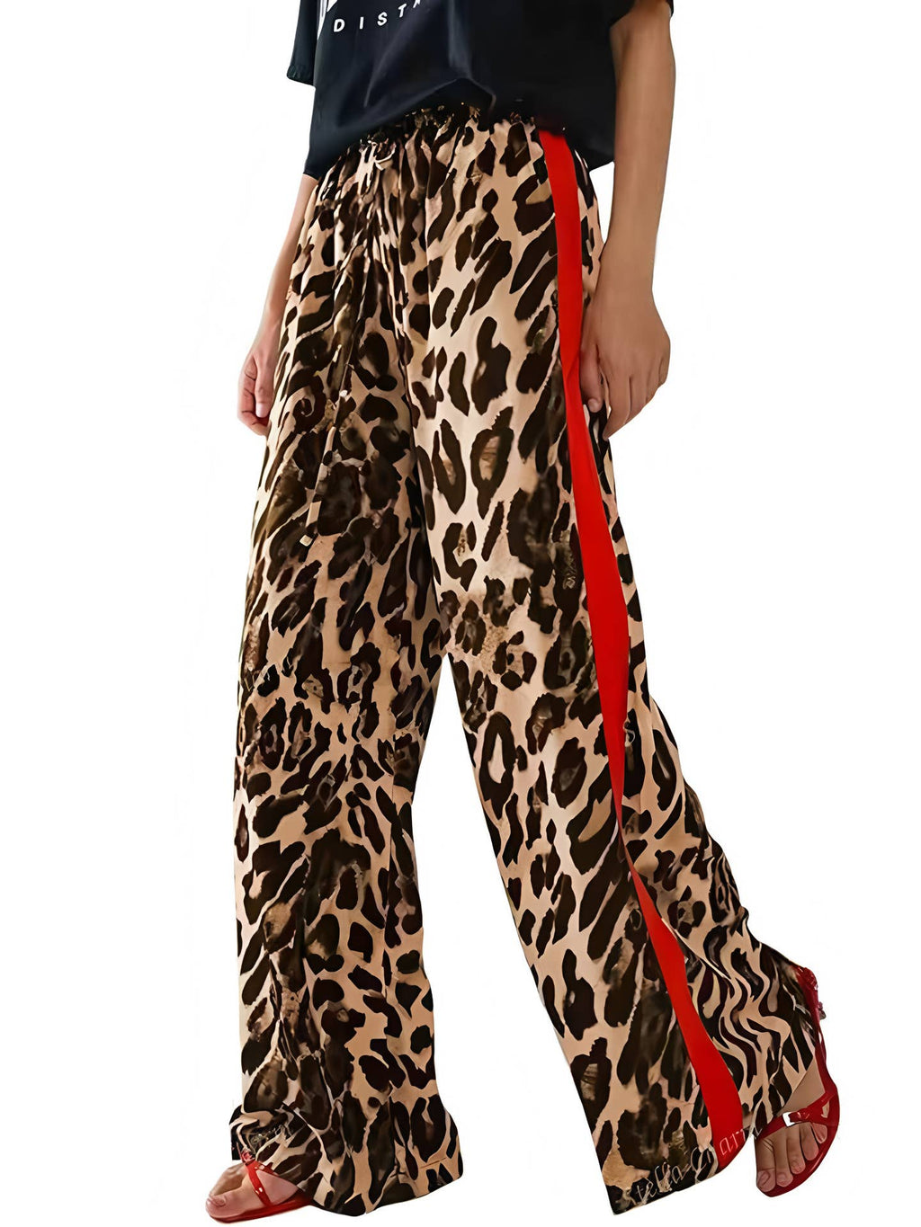 Leopard Print Colorblock Side Striped Wide Leg Pants